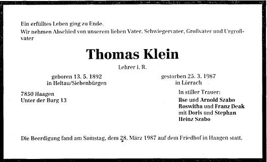 Klein Thomas 1892-1987 Todesanzeige